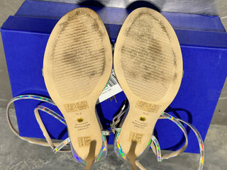 Sandálias femininas Stuart Weitzman de salto alto, cinza, tamanho 7,5 M