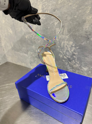 Sandálias femininas Stuart Weitzman de salto alto, cinza, tamanho 7,5 M