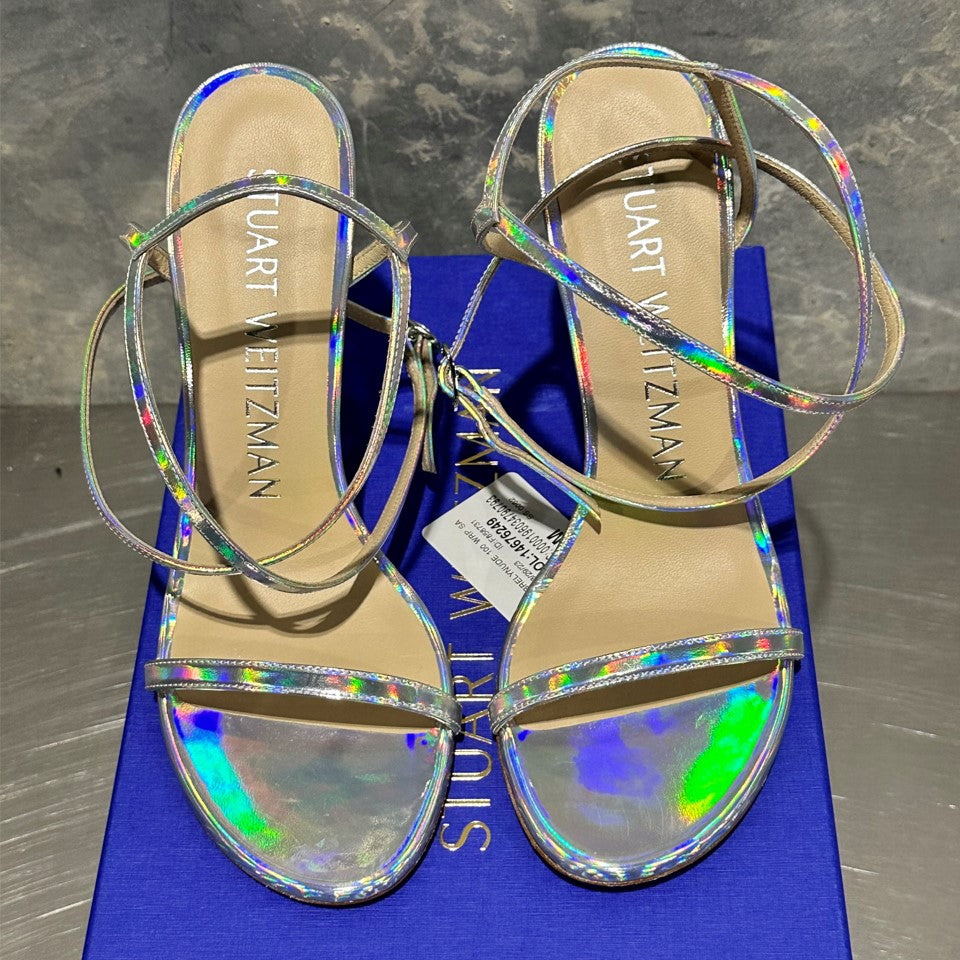 Sandálias femininas Stuart Weitzman de salto alto, cinza, tamanho 7,5 M