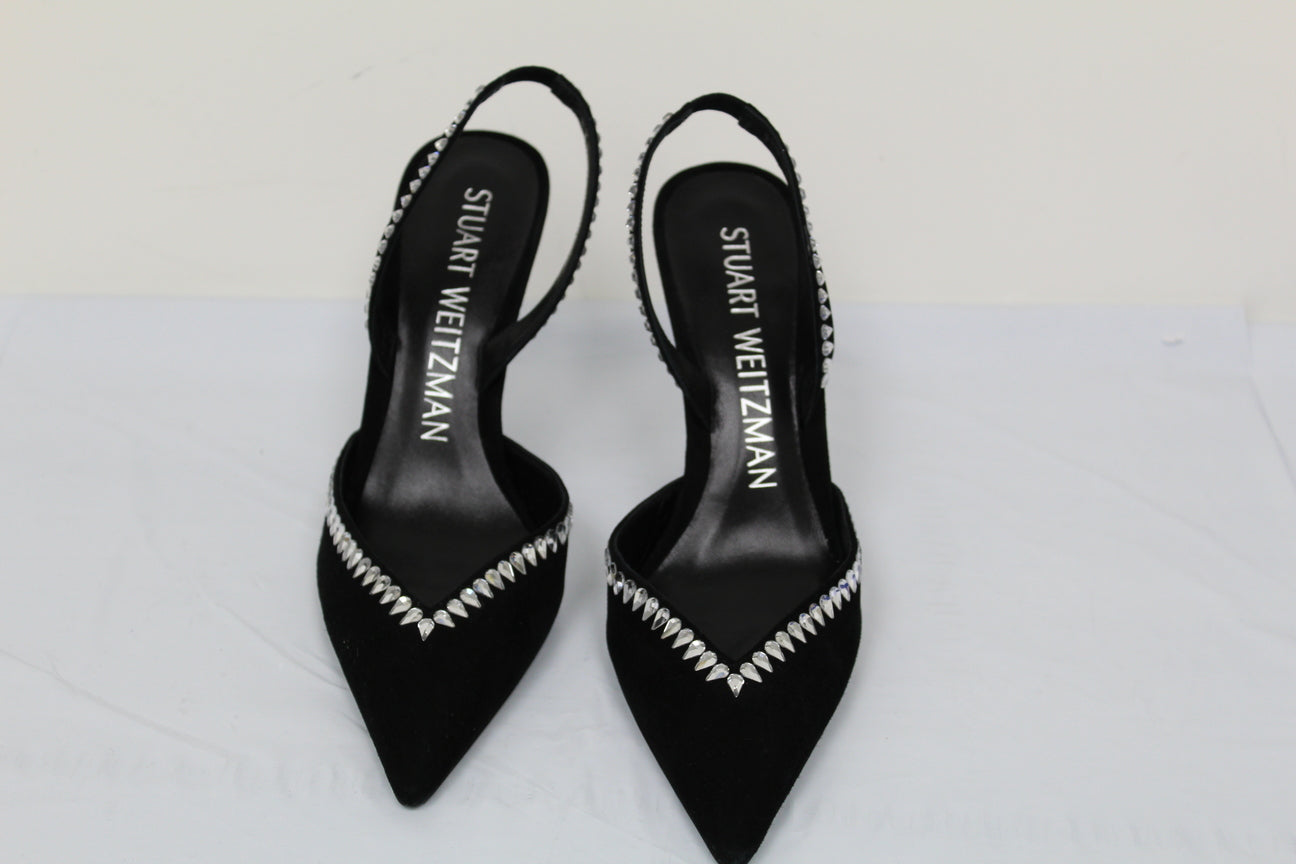 Stuart Weitzman Feminino Gemcut Curve Bico Fino Slingback Scarpin Preto Tamanho 7.5
