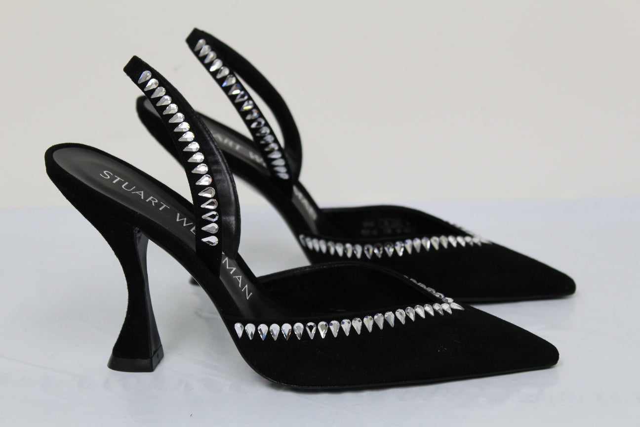 Stuart Weitzman Feminino Gemcut Curve Bico Fino Slingback Scarpin Preto Tamanho 7.5