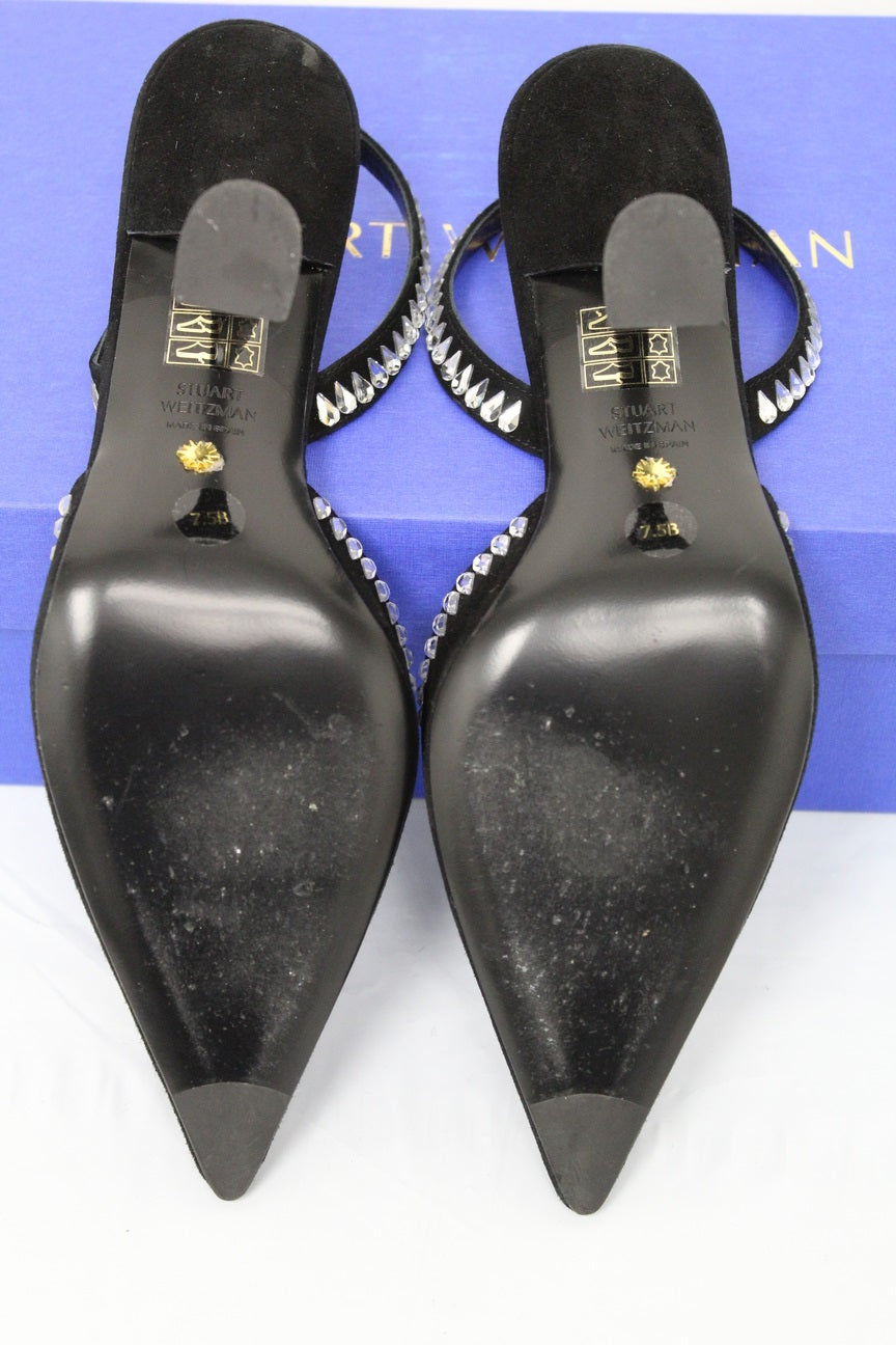 Stuart Weitzman Feminino Gemcut Curve Bico Fino Slingback Scarpin Preto Tamanho 7.5