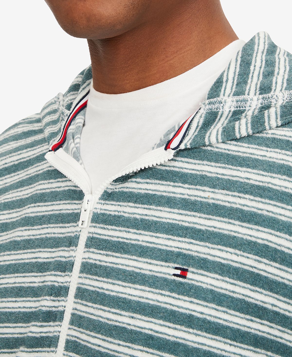 Tommy Hilfiger Masculino Listrado French Terry Moletom com Capuz e Zíper, Verde, Tamanho XXG