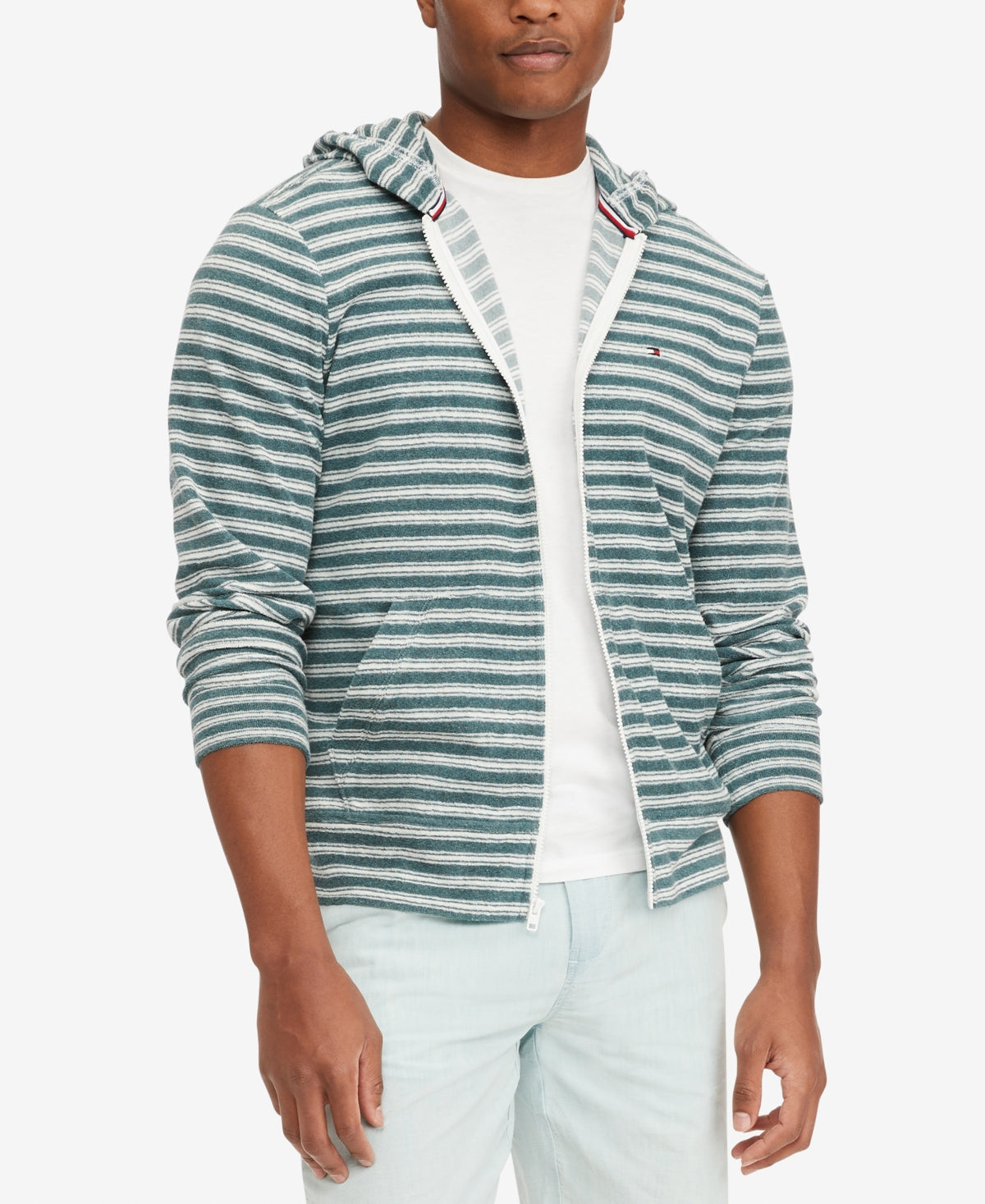 Tommy Hilfiger Masculino Listrado French Terry Moletom com Capuz e Zíper, Verde, Tamanho XXG