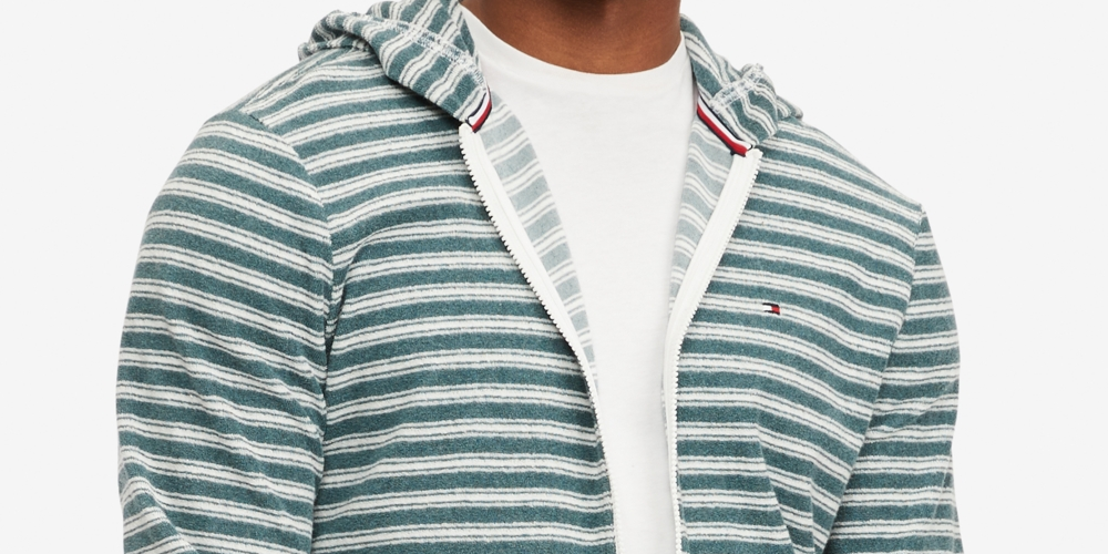 Tommy Hilfiger Masculino Listrado French Terry Moletom com Capuz e Zíper, Verde, Tamanho XXG