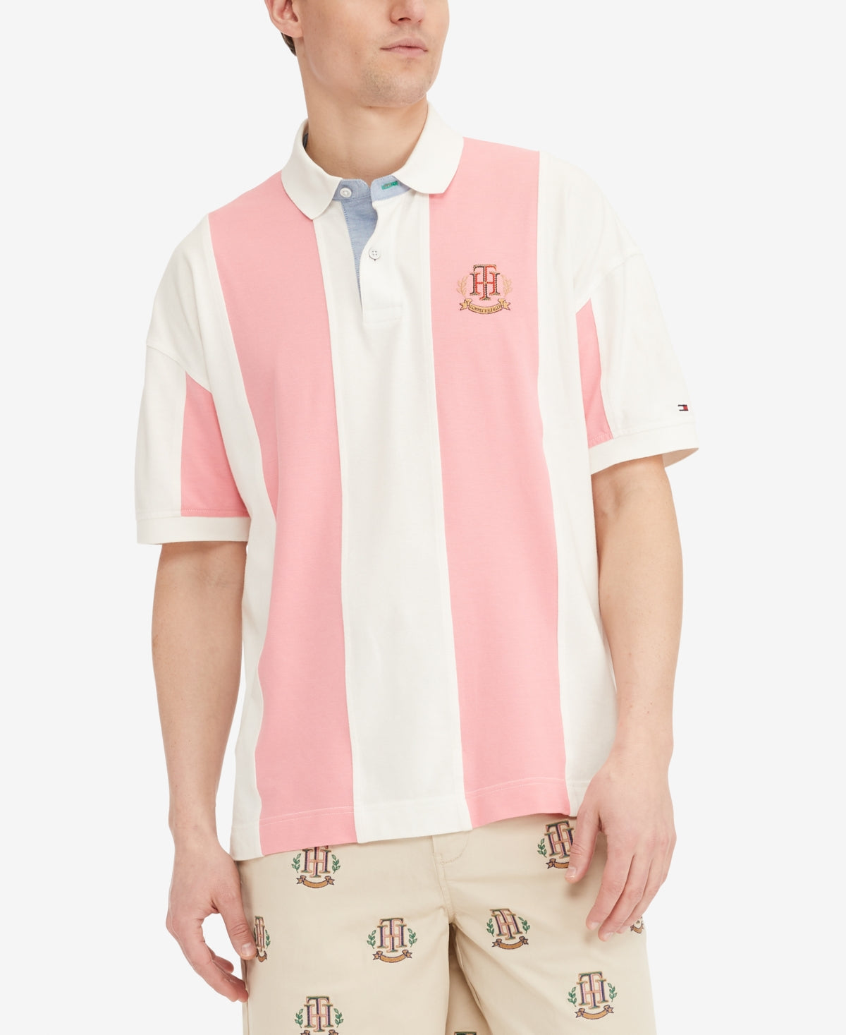 Polo Tommy Hilfiger Heritage Stripe Relaxed Fit Masculino Rosa Tamanho XX-G