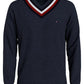 Suéter Tommy Hilfiger Masculino com Listras e Gola V Cricket Azul Tamanho Grande