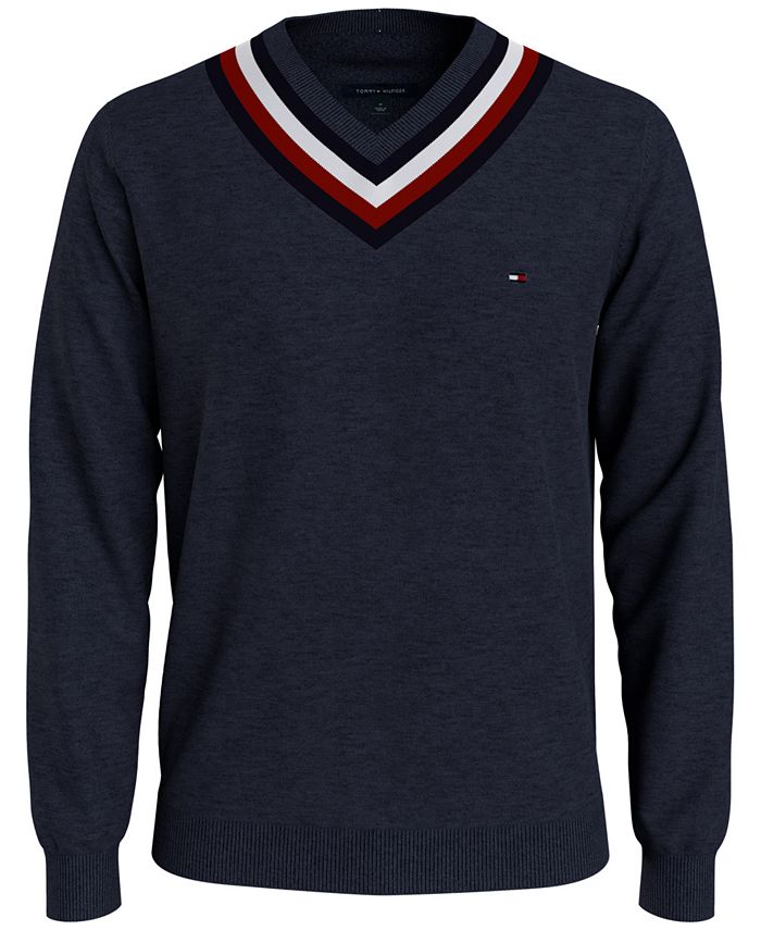 Suéter Tommy Hilfiger Masculino com Listras e Gola V Cricket Azul Tamanho Grande