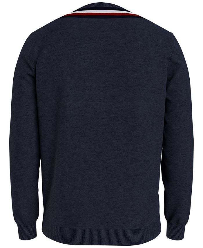 Suéter Tommy Hilfiger Masculino com Listras e Gola V Cricket Azul Tamanho Grande