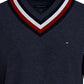 Suéter Tommy Hilfiger Masculino com Listras e Gola V Cricket Azul Tamanho Grande