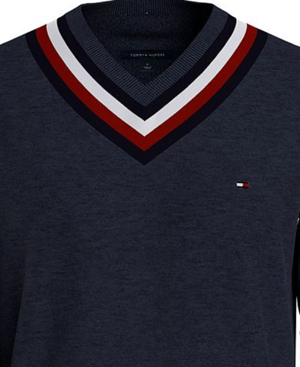 Suéter Tommy Hilfiger Masculino com Listras e Gola V Cricket Azul Tamanho Grande