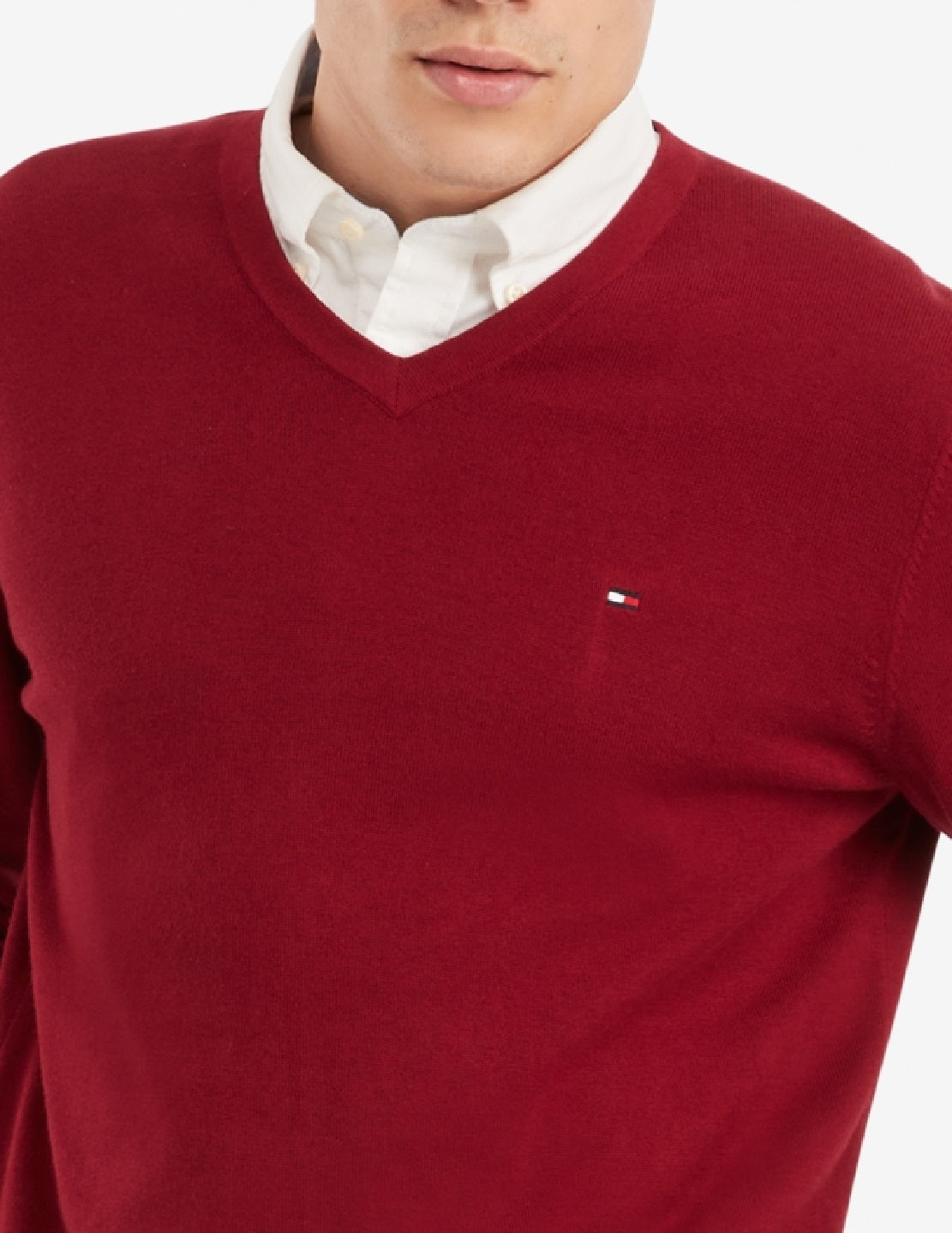 Suéter Tommy Hilfiger Signature Masculino com Decote em V, Vermelho, Tamanho Médio