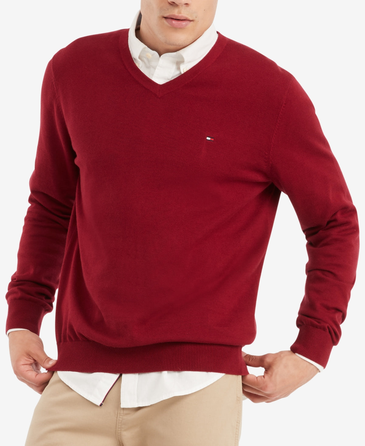 Suéter Tommy Hilfiger Signature Masculino com Decote em V, Vermelho, Tamanho Médio