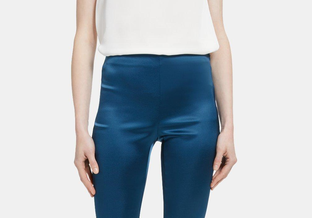 Legging de cintura alta em cetim elástico azul tamanho 8
