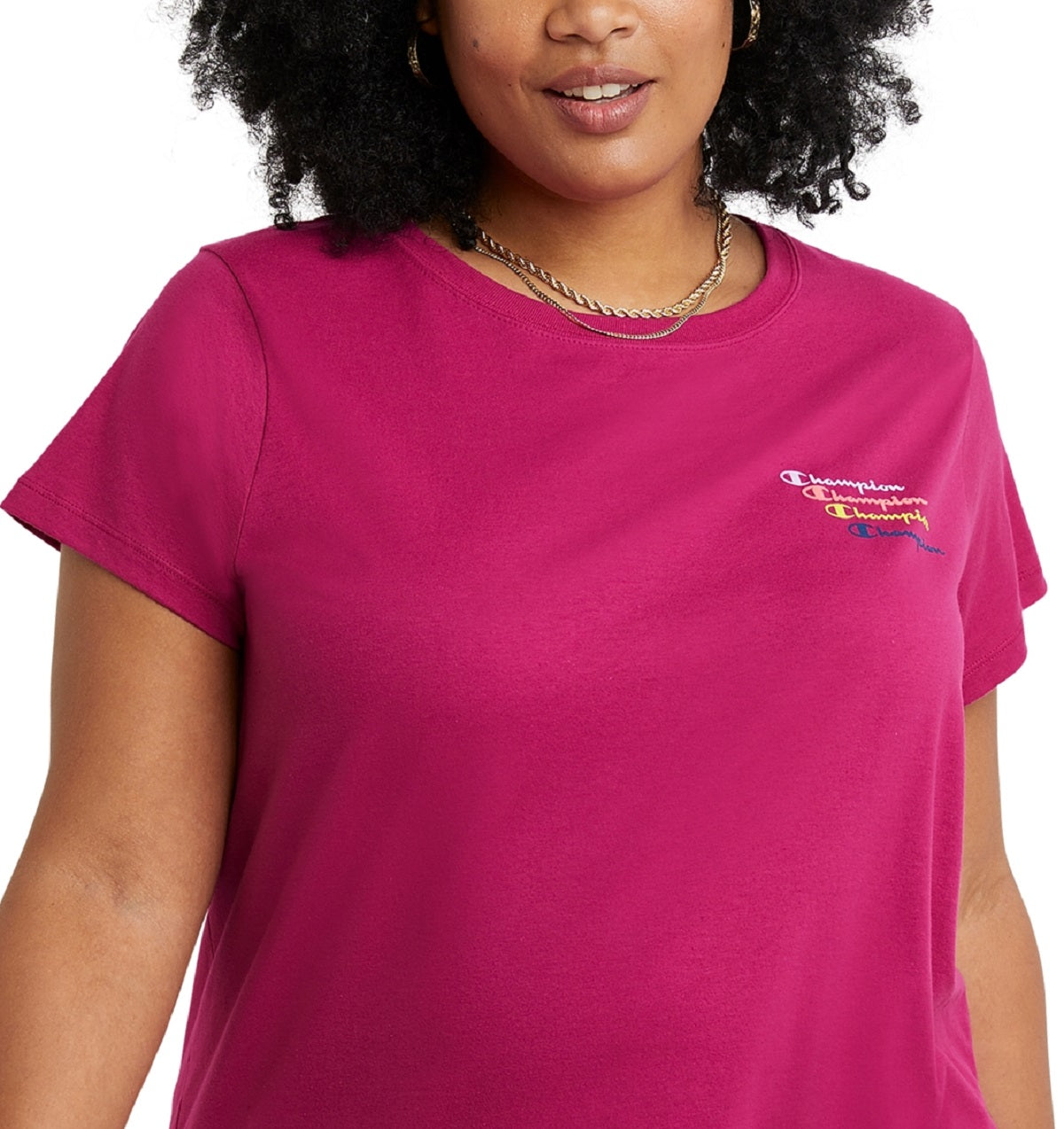 Camiseta feminina Champion com logotipo rosa, tamanho 1X