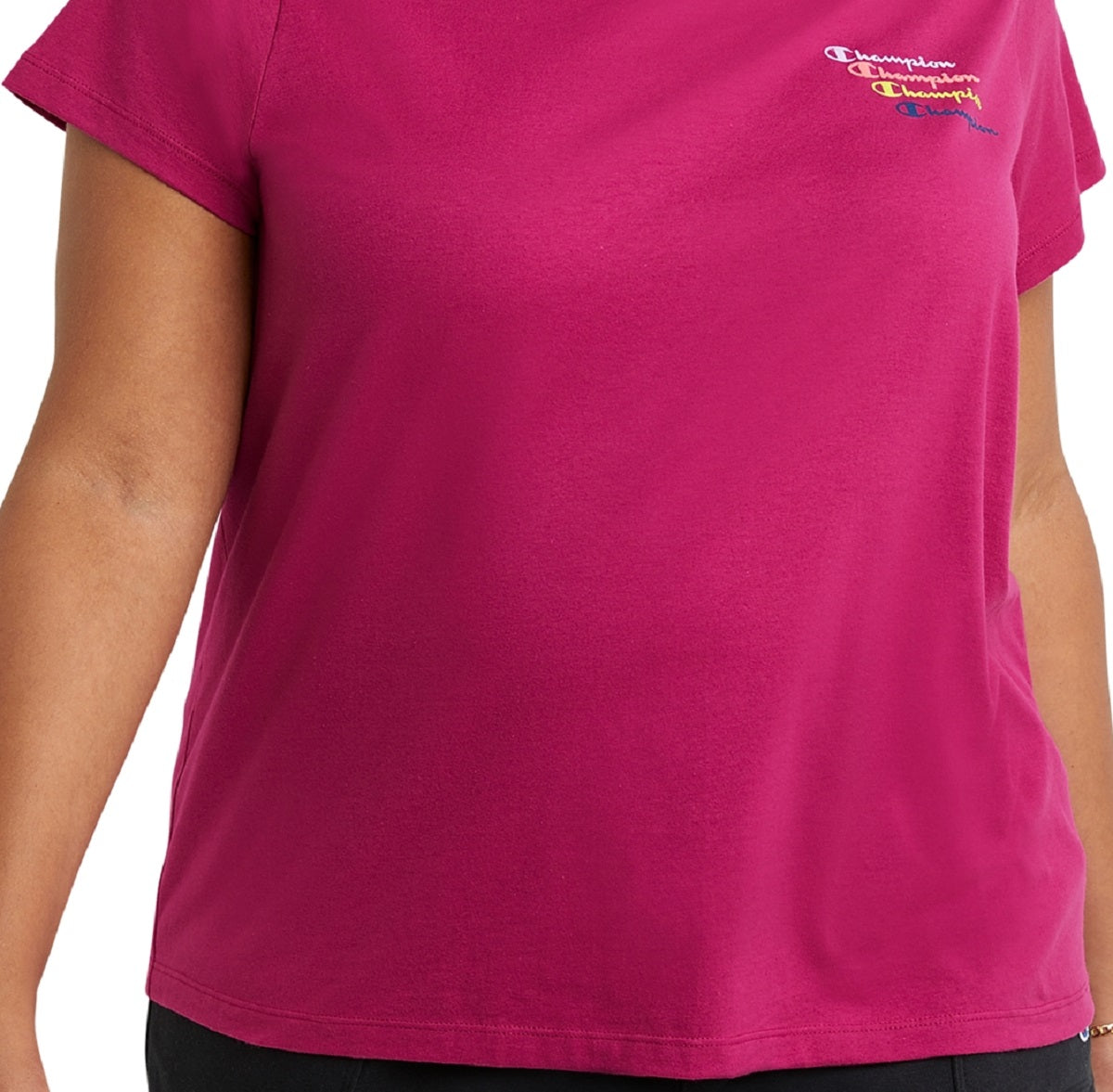 Camiseta feminina Champion com logotipo rosa, tamanho 1X
