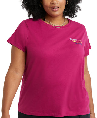 Camiseta feminina Champion com logotipo rosa, tamanho 1X