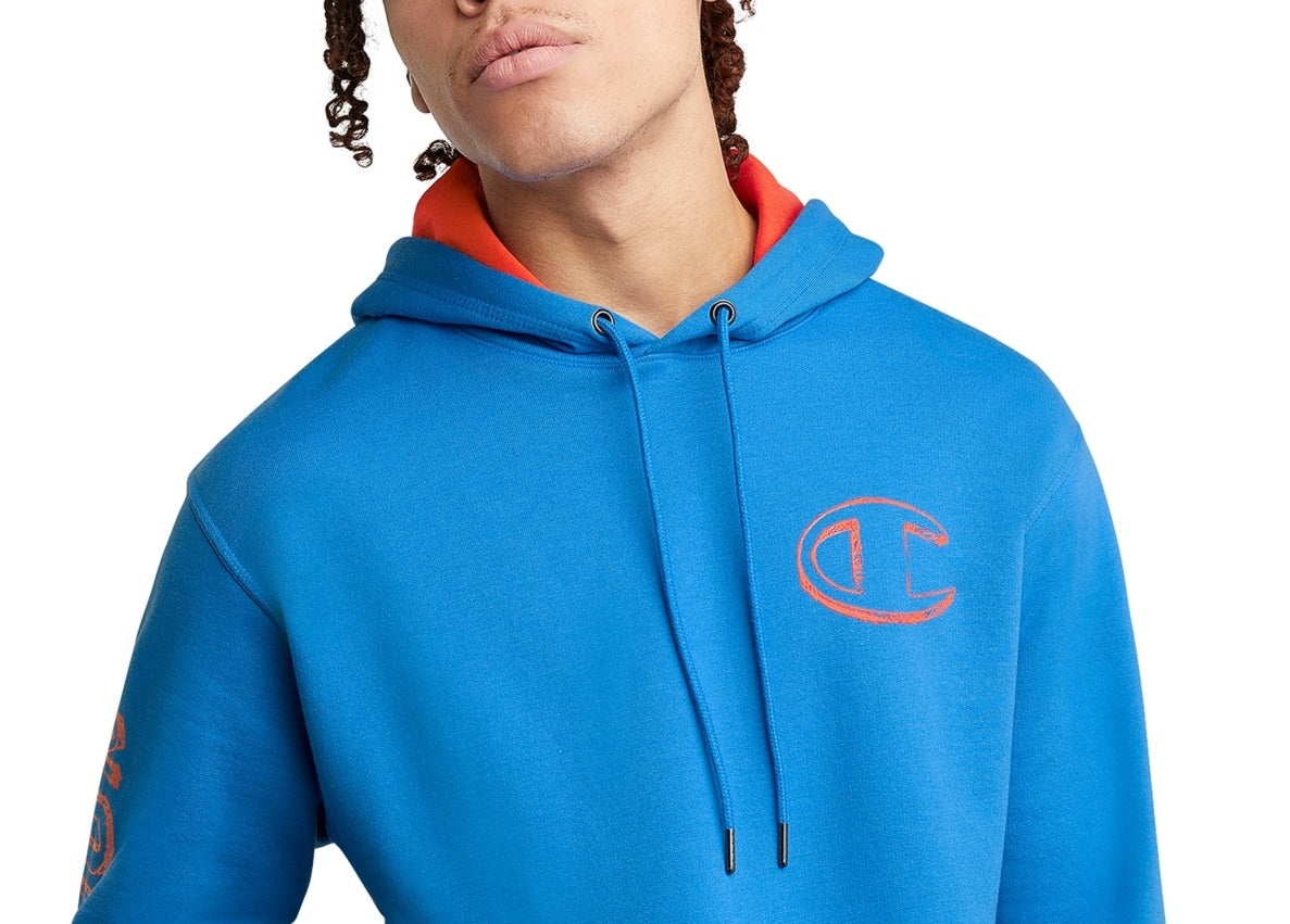 Moletom com capuz Champion Powerblend Standard Fit com estampa de logotipo e capuz masculino, azul, tamanho grande