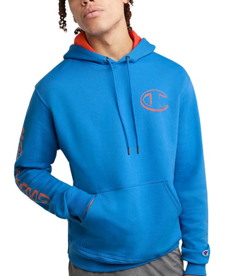 Moletom com capuz Champion Powerblend Standard Fit com estampa de logotipo e capuz masculino, azul, tamanho grande
