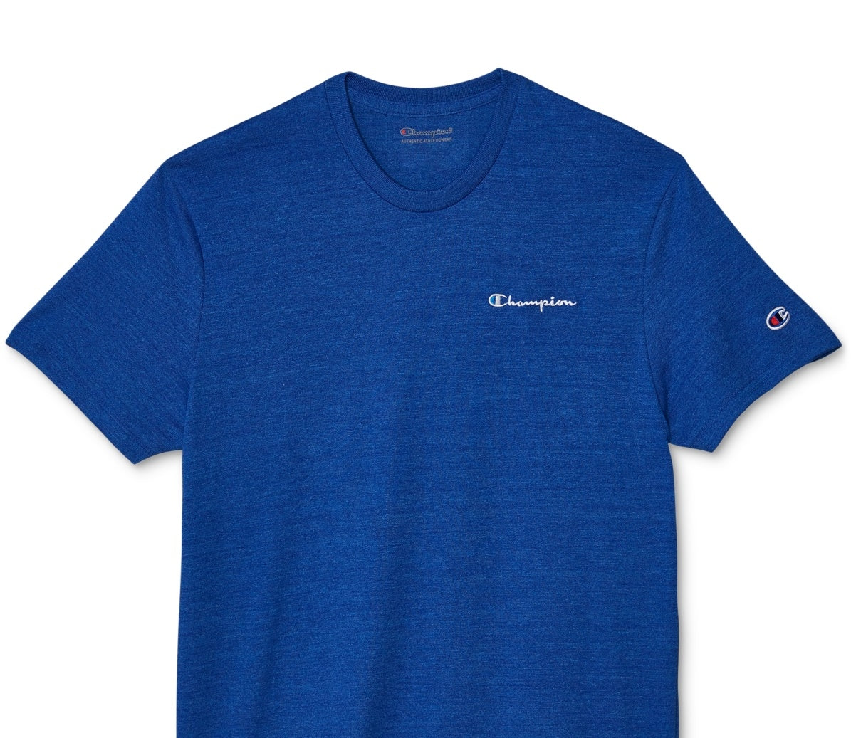 Camiseta Champion Powerblend Slim Fit Masculina com Logotipo Bordado Azul Tamanho Grande