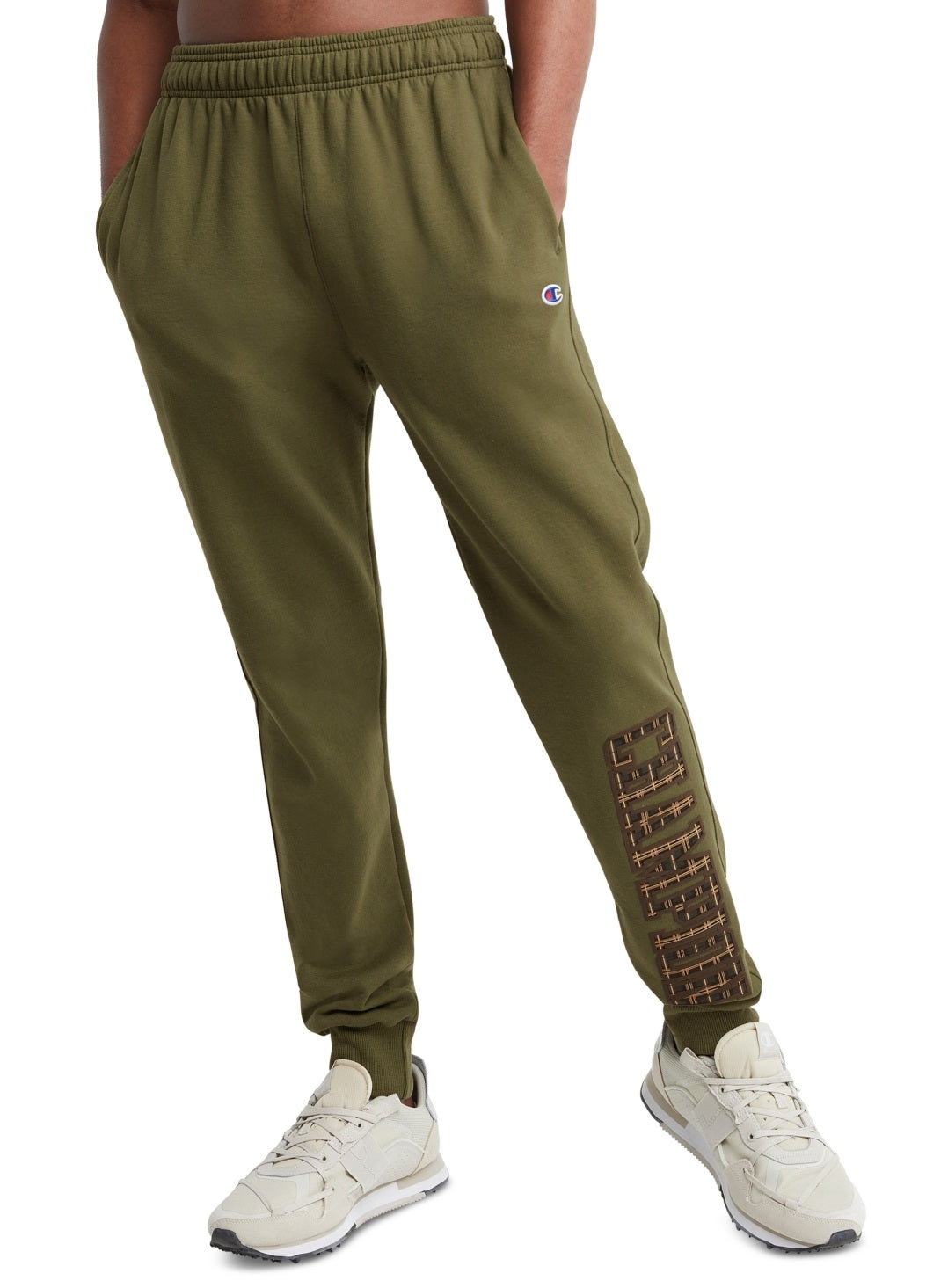 Calça de moletom Champion Powerblend Standard Fit com estampa de logotipo, verde, tamanho pequeno, masculina