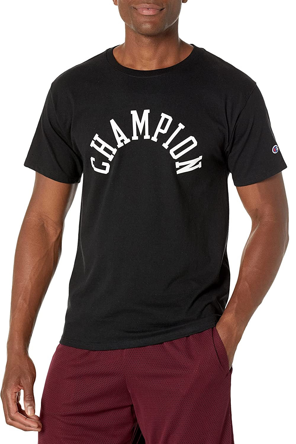 Camiseta masculina Champion com estampa de logotipo e ajuste padrão, preta, tamanho médio
