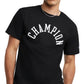 Camiseta masculina Champion com estampa de logotipo e ajuste padrão, preta, tamanho médio