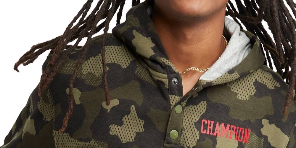 Moletom com capuz camuflado Champion masculino, tamanho médio, verde, ajuste padrão