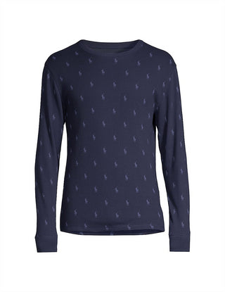 Camisa de pijama térmica masculina Ralph Lauren em malha waffle estampada, azul, tamanho médio