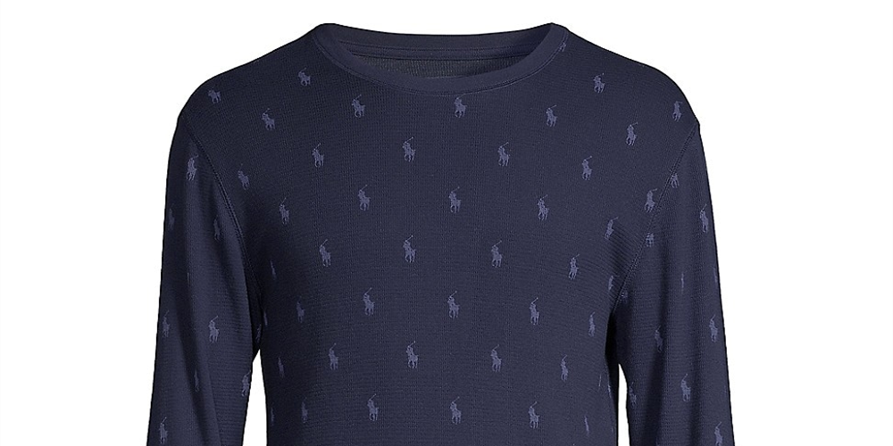 Camisa de pijama térmica masculina Ralph Lauren em malha waffle estampada, azul, tamanho médio