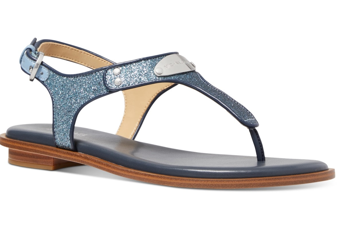 Sandália feminina Michael Kors com placa de logotipo, azul, tamanho 6,5