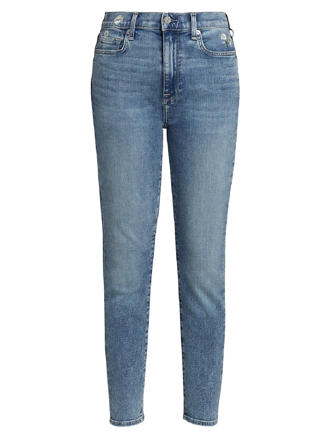 Calça jeans skinny feminina JEN7, cintura alta, comprimento até o tornozelo, com bordado, azul, tamanho 27