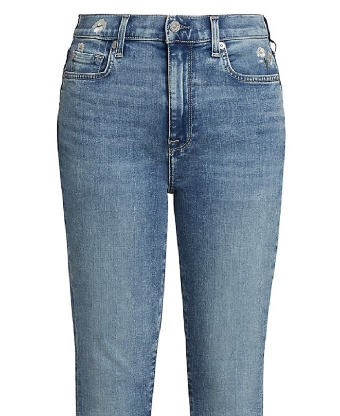 Calça jeans skinny feminina JEN7, cintura alta, comprimento até o tornozelo, com bordado, azul, tamanho 27