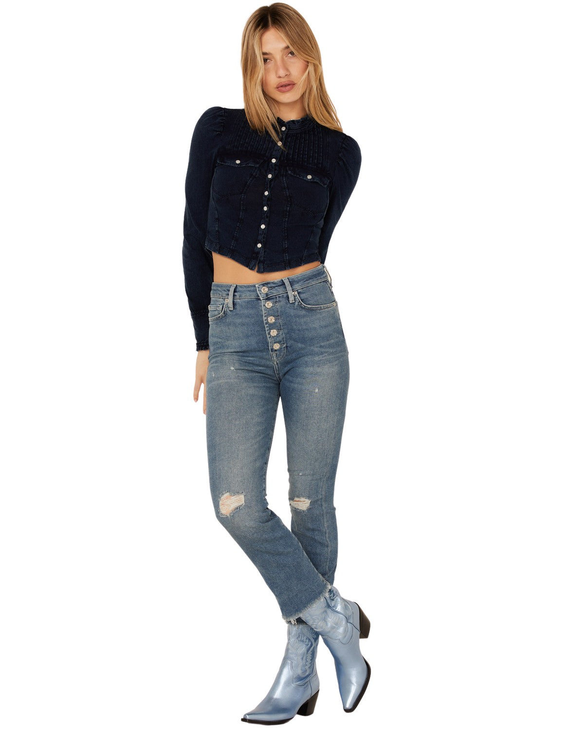 Calça jeans feminina JEN7 Luxe Vintage Ultra High Rise Slim Kick Flare Azul Tamanho 32