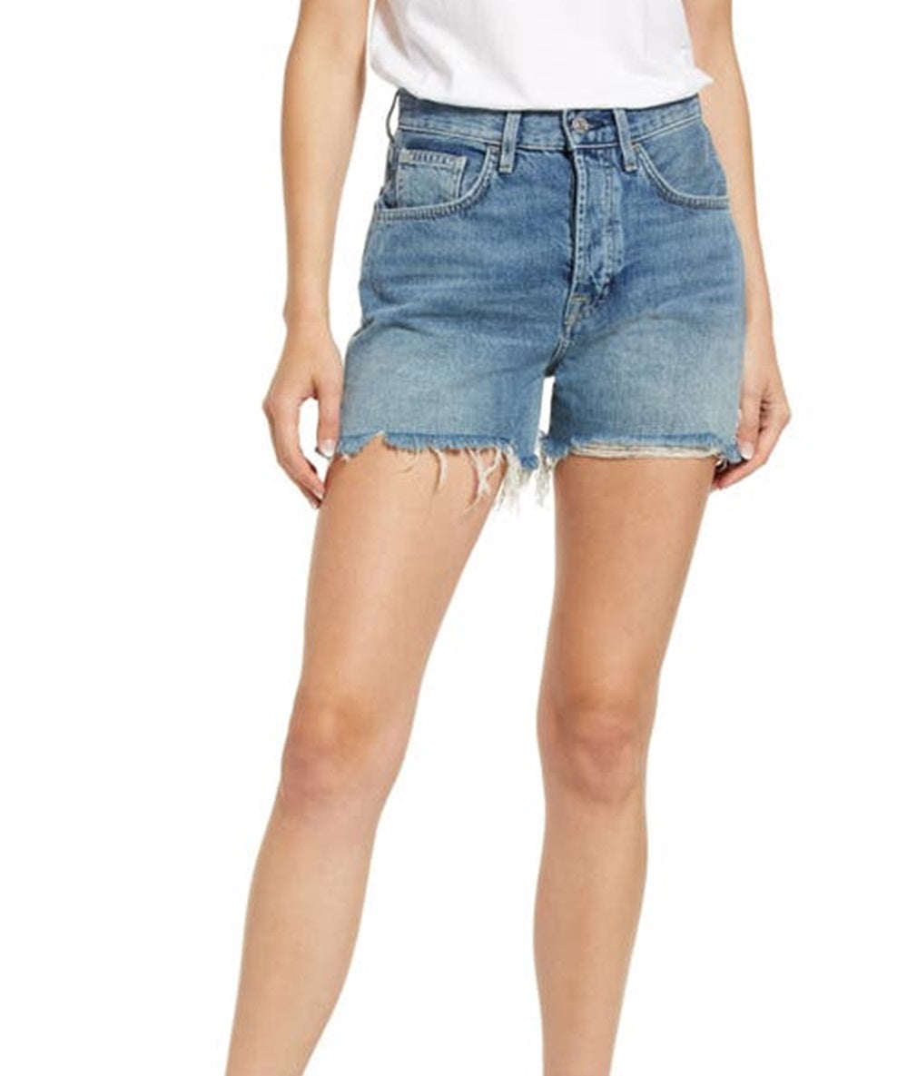 Shorts jeans feminino JEN7 Easy Ruby de cintura alta com corte relaxado, azul, tamanho 26