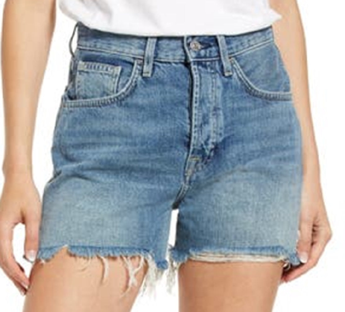 Shorts jeans feminino JEN7 Easy Ruby de cintura alta com corte relaxado, azul, tamanho 30