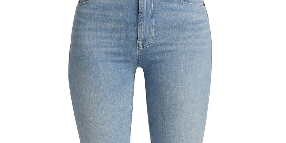 Calça jeans skinny feminina JEN7, cintura média, bainha mastigada, elástica, azul, tamanho 30