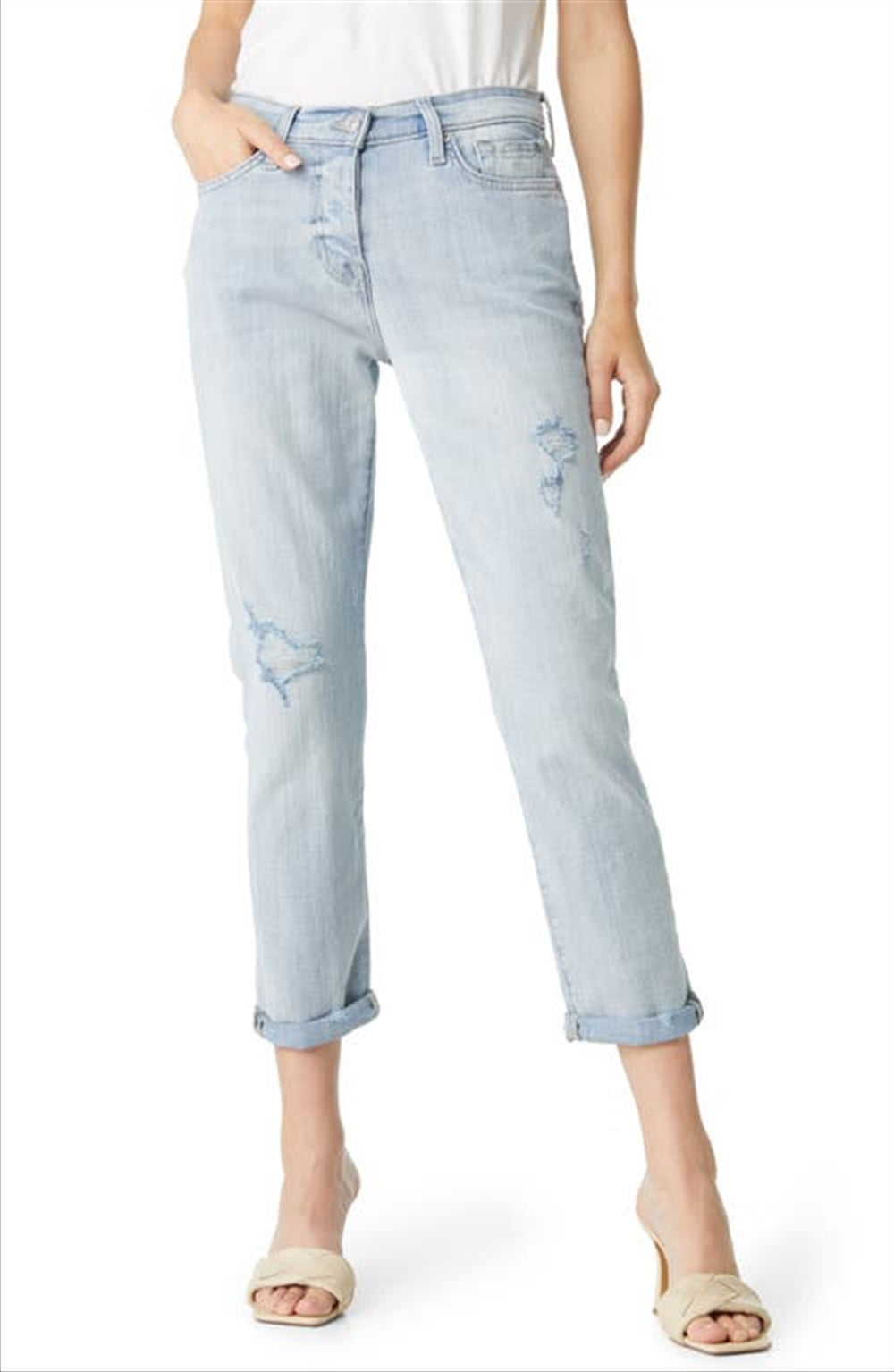 Calça jeans feminina estilo boyfriend, cintura alta, azul, tamanho 30, JEN7