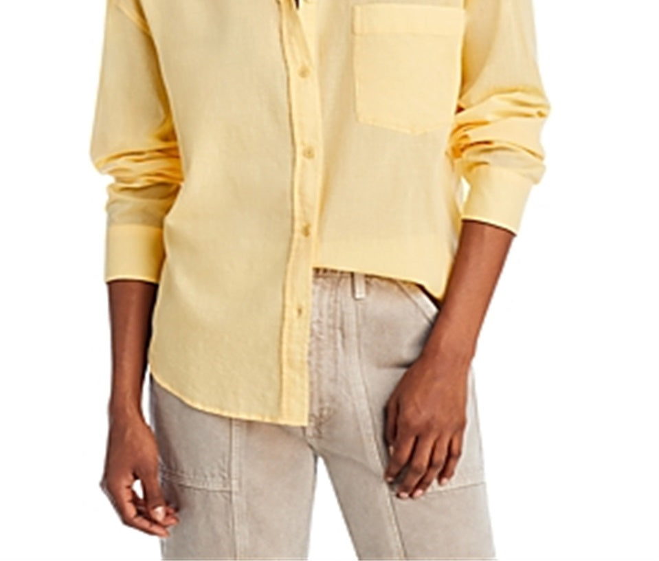 Camisa feminina de botões em voile de algodão pima 7 for All Mankind, amarela, tamanho G