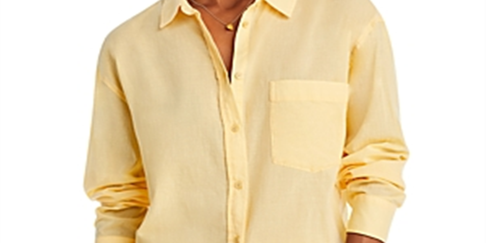 Camisa feminina de botões em voile de algodão pima 7 for All Mankind, amarela, tamanho G