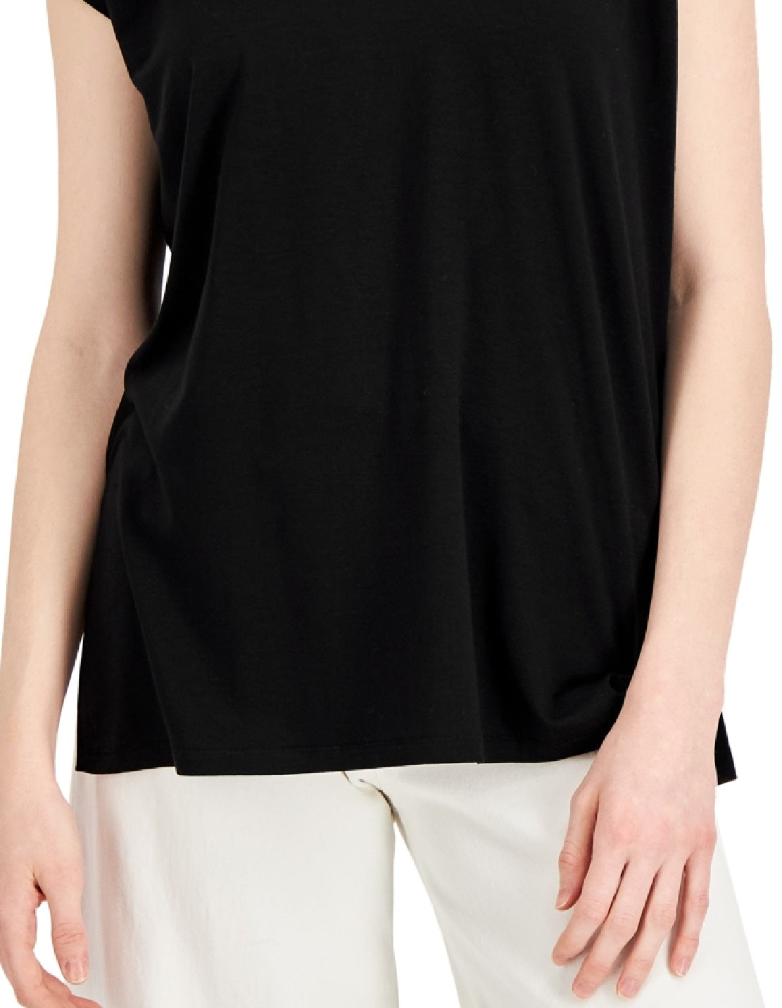 Camiseta feminina Eileen Fisher, gola redonda, malha elástica, preta, tamanho XX-S