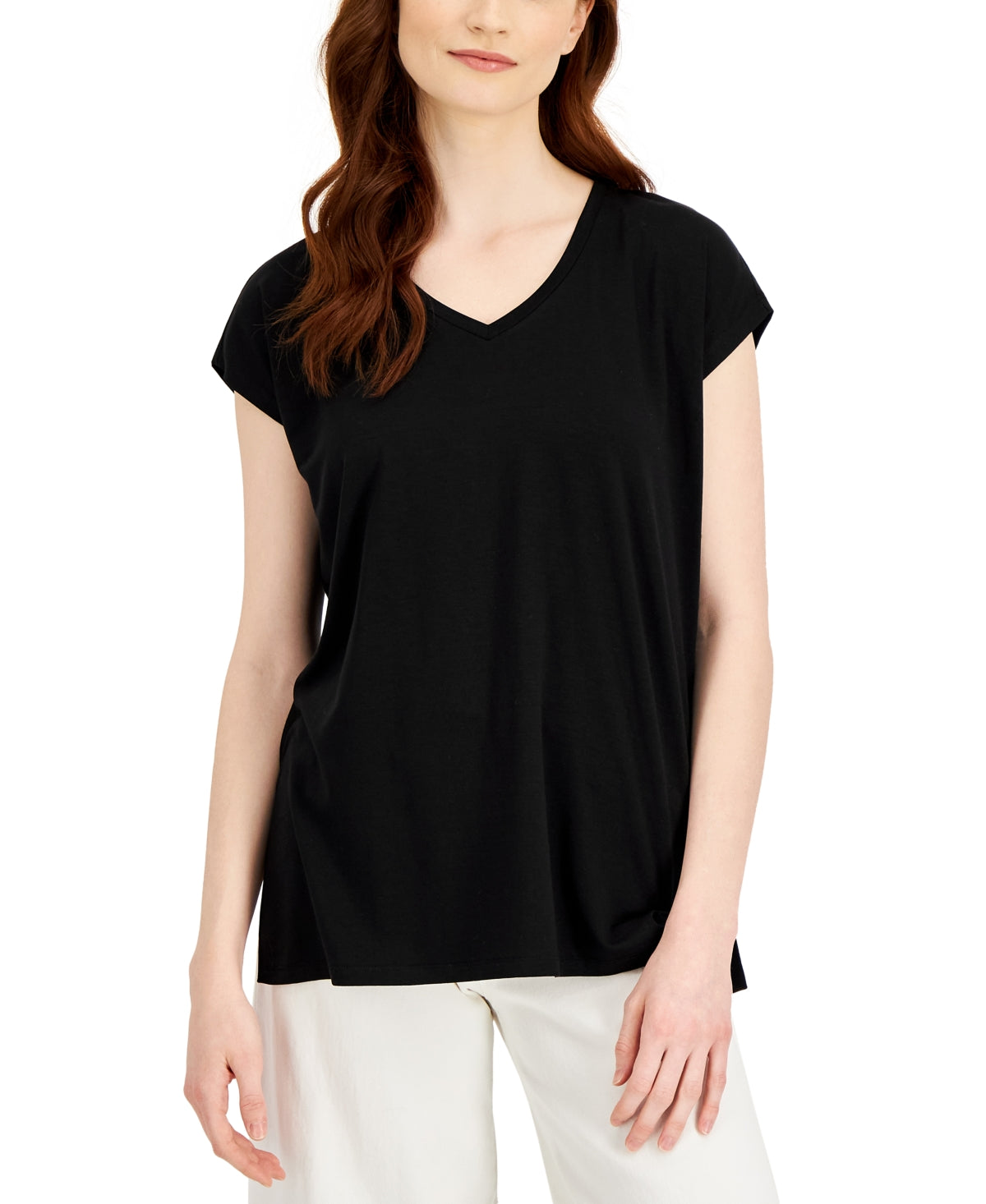 Camiseta feminina Eileen Fisher, gola redonda, malha elástica, preta, tamanho XX-S