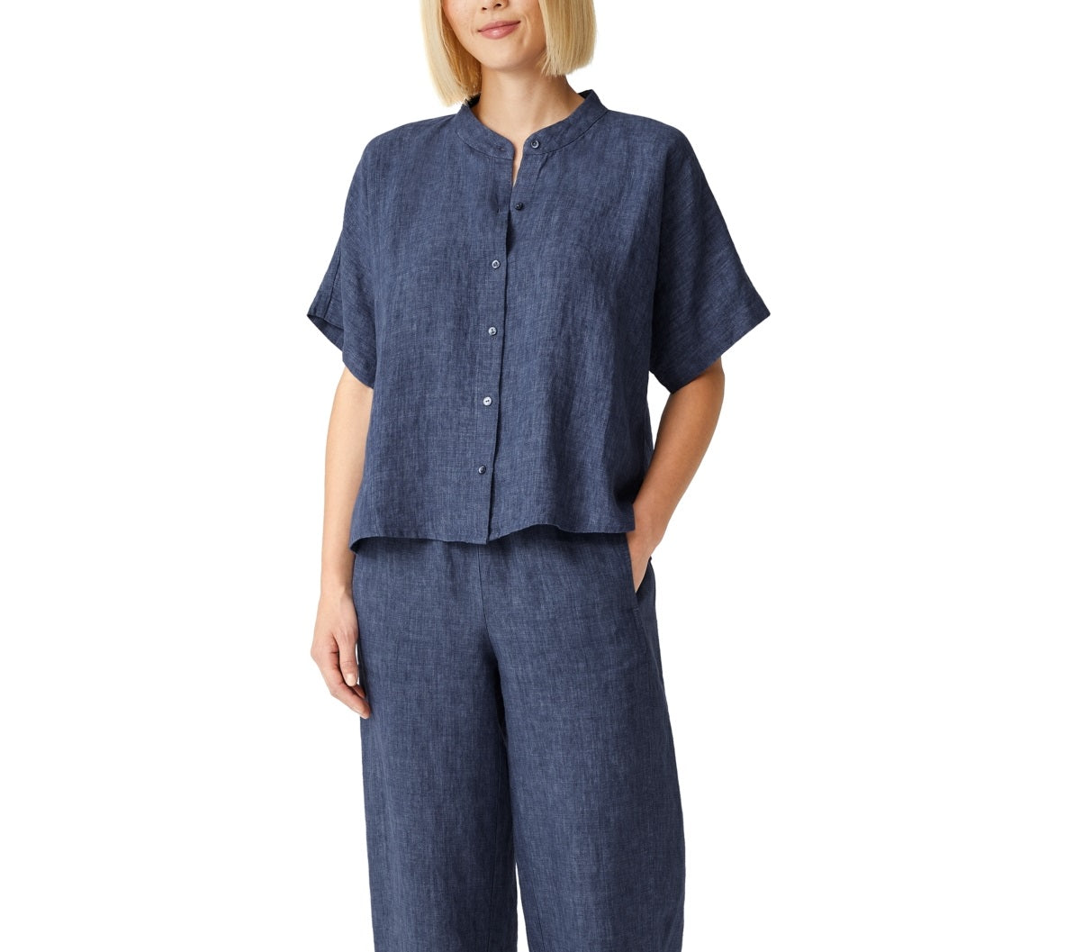 Camisa feminina Eileen Fisher de linho orgânico com gola mandarim, azul, tamanho pequeno e pequeno
