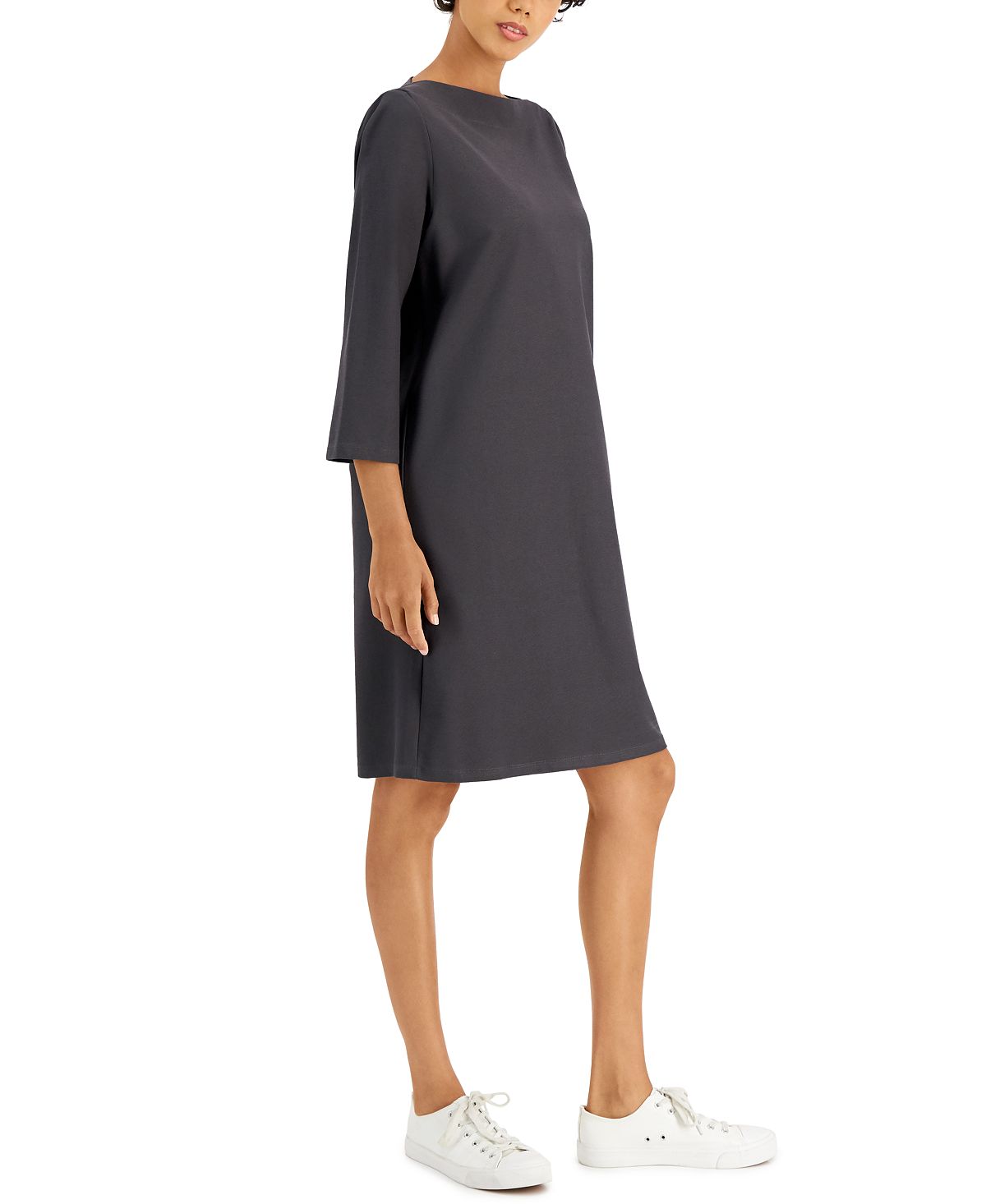 Vestido feminino Eileen Fisher com decote em V e mangas curtas, marrom, tamanho P