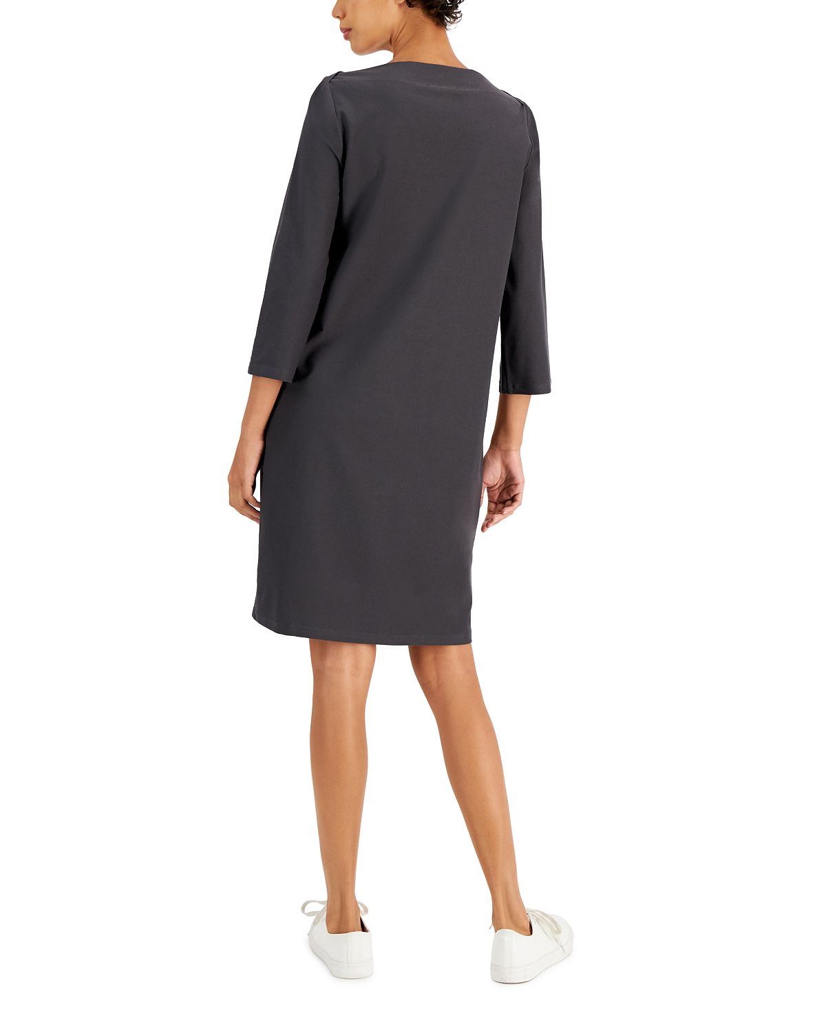 Vestido feminino Eileen Fisher com decote em V e mangas curtas, marrom, tamanho P