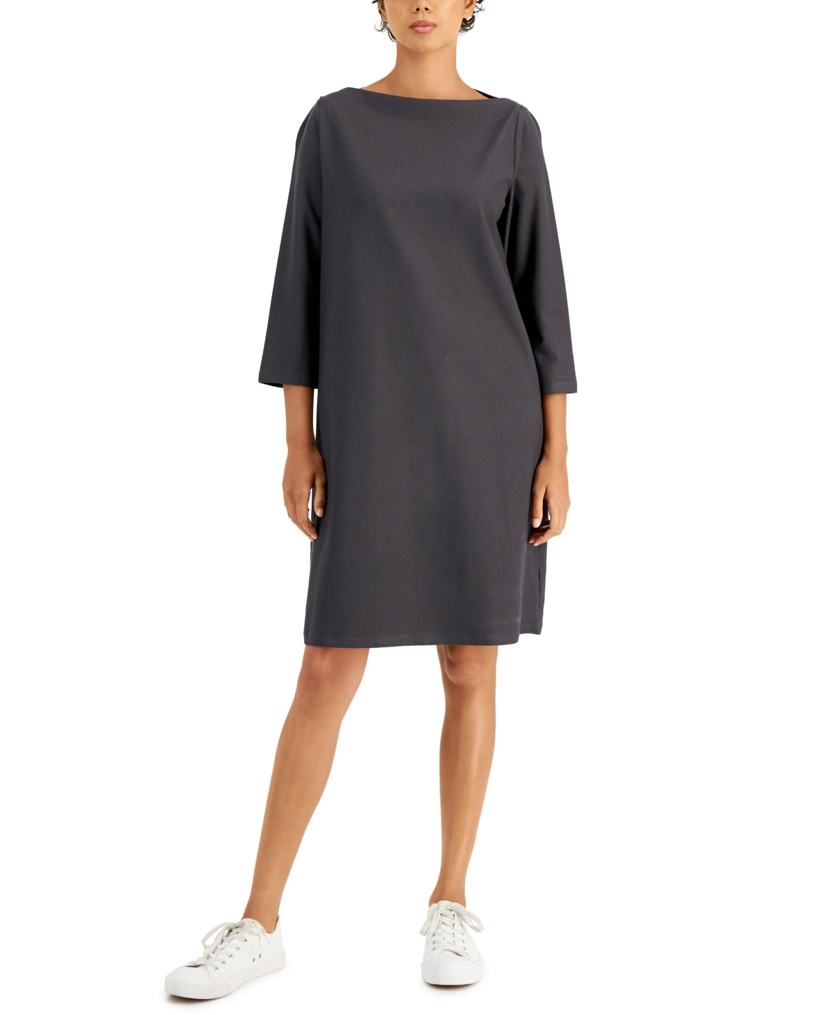 Vestido feminino Eileen Fisher com decote em V e mangas curtas, marrom, tamanho P