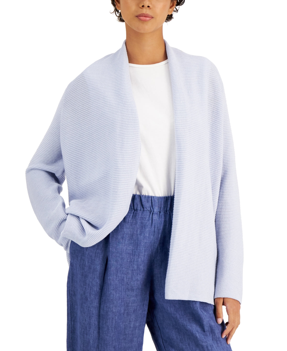 Cardigan feminino Eileen Fisher de linho orgânico e algodão, azul, tamanho grande