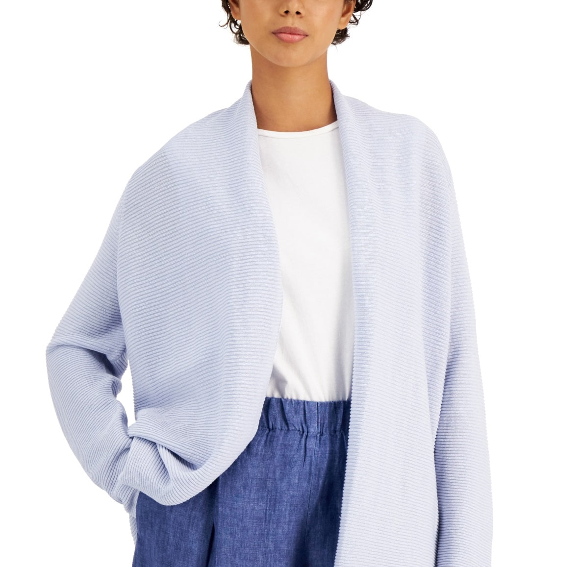 Cardigan feminino Eileen Fisher de linho orgânico e algodão, azul, tamanho grande