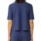 Blusa feminina Eileen Fisher com decote redondo e mangas compridas, azul, tamanho médio