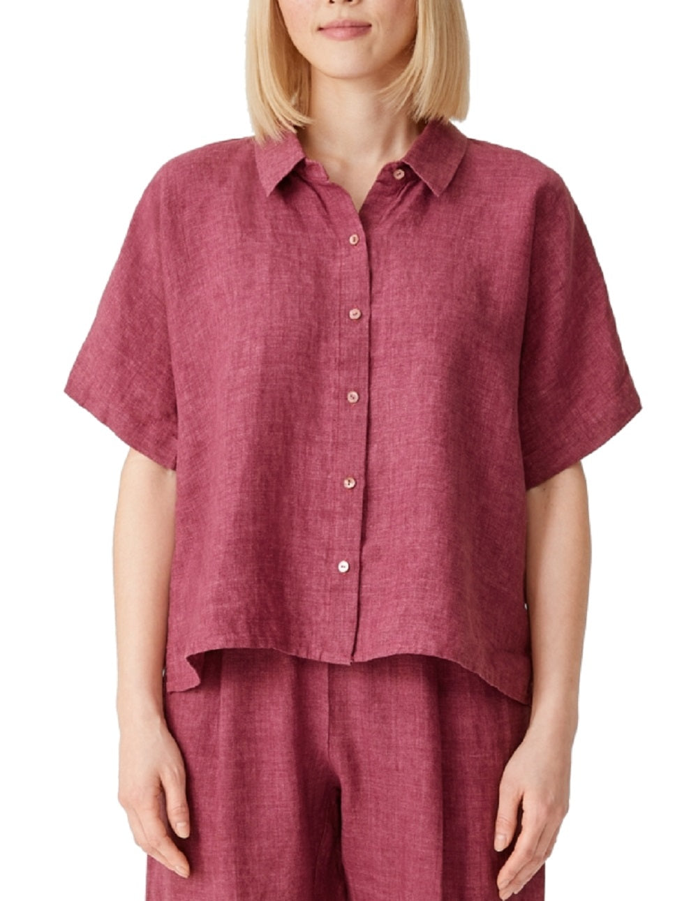 Camisa feminina Eileen Fisher com botões e gola clássica orgânica, vermelha, tamanho pequeno e pequeno